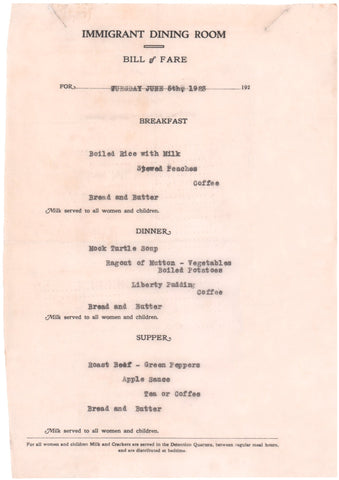 Ellis Island Immigrant Dining Room Menu 1923