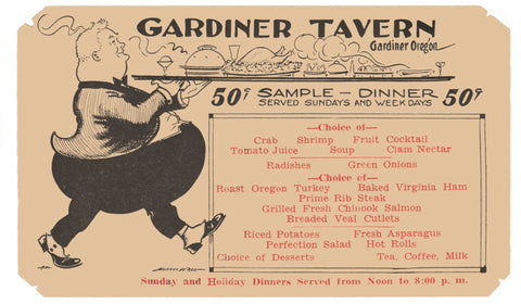 Gardiner Tavern 50C Menu, Gardiner Oregon 1930s