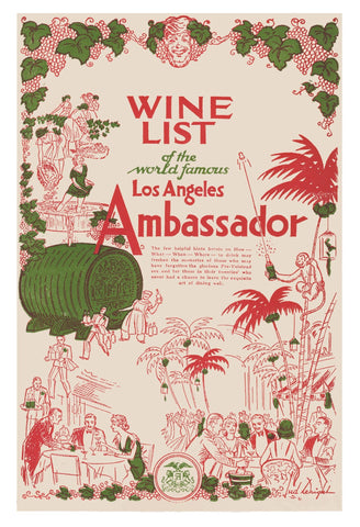 Ambassador Hotel, Los Angeles 1930s Menu Art