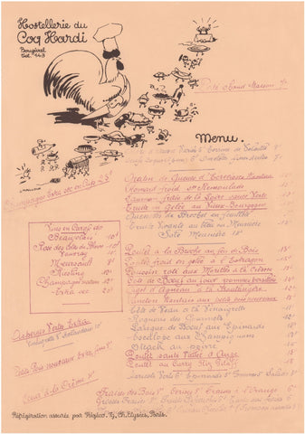 Hostellerie du Coq Hardi, Bougival France 1930s Menu Art