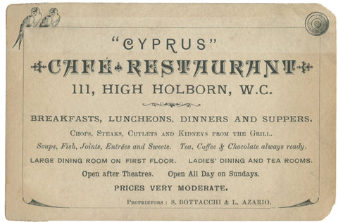 Cyprus Cafe Restaurant, London, 1890