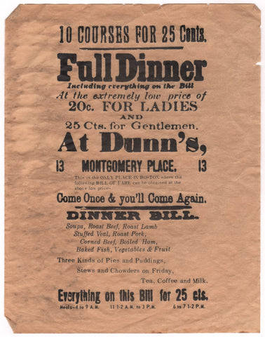 Dunn's, Boston 1874 Menu