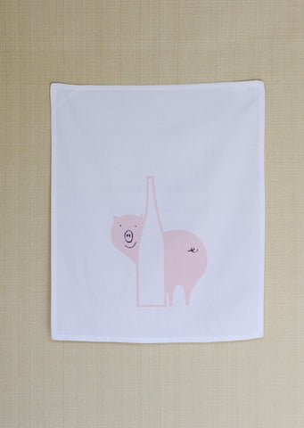 Pink Pig Behind Bottle La Vieille Porte Kitchen Towel, Montreal 1970s