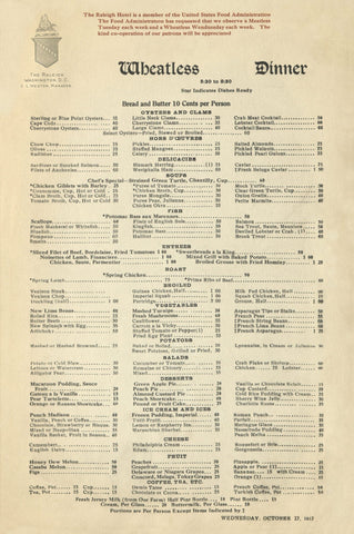 The Raleigh Hotel Wheatless Dinner, Washington D.C. 1917 Menu Art